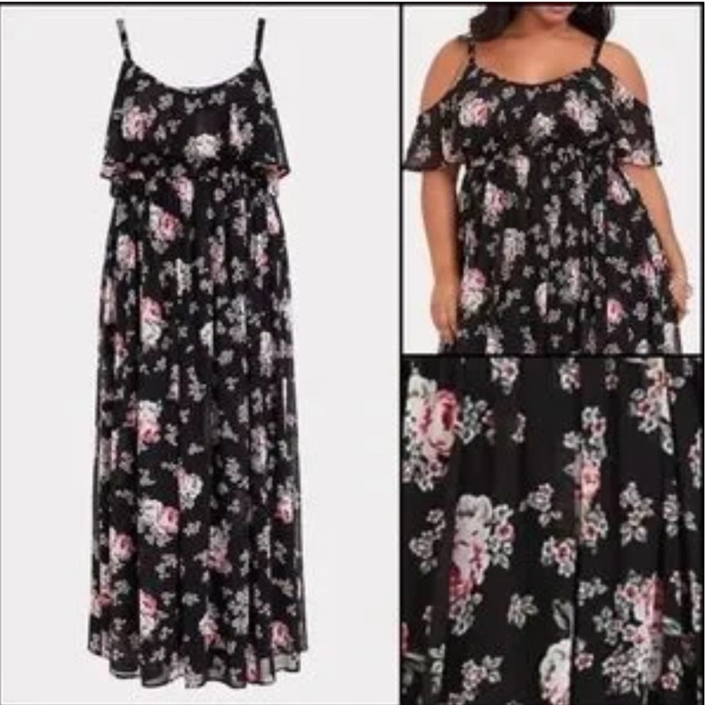 Torrid Black Floral Cold Shoulder Maxi Dress Sz S (00)